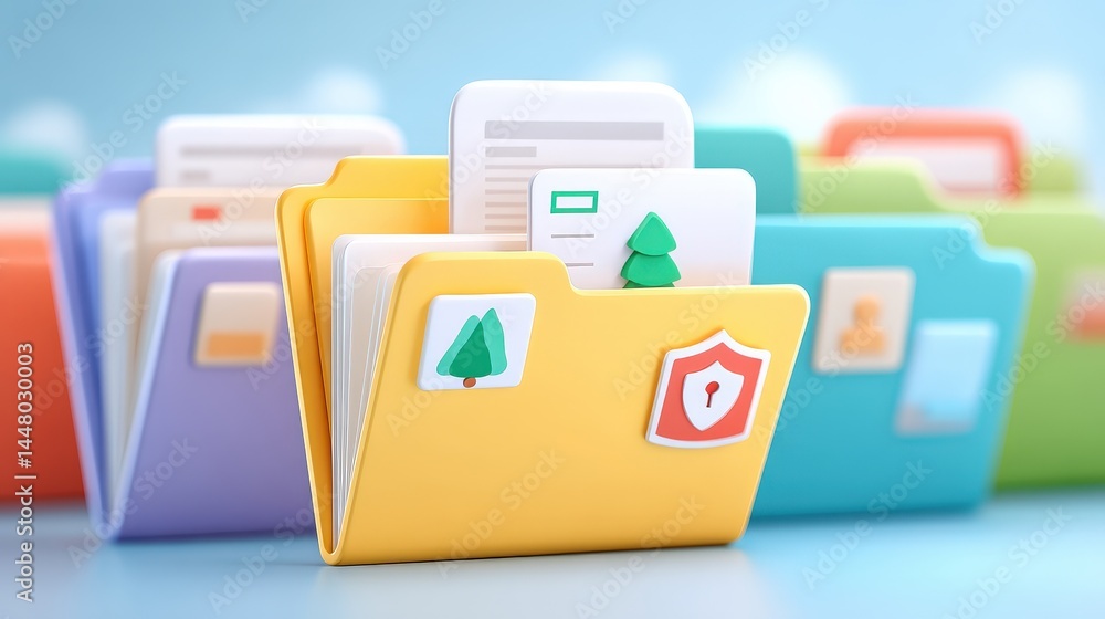 Poster colorful folders with icons and documents represent organized digital file management and data secur