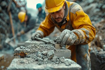 Workers mixing and placing concrete at a construction site during the day in a bustling urban environment