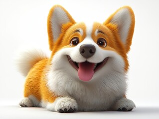 Playful orange-white corgi mid-leap with pink tongue out, fluffy tail curled over white background.