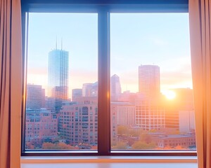 Sunrise cityscape view through a large window with beige curtains
