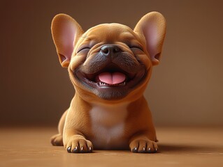 Cheerful French Bulldog puppy with closed eyes, big ears and pink tongue, lying on wooden surface against warm brown background.