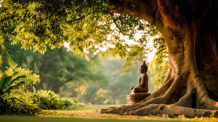 Tranquil Nature Scene Serene Garden with Large Tree