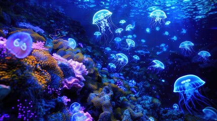Obraz premium Deep sea jellyfish and vibrant coral reef scene.