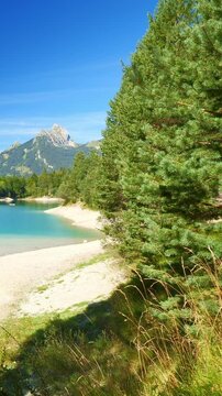 Relaxing view of Urisee with blue-green alpine water and serene forest shore near Reutte, tranquil summer nature escape