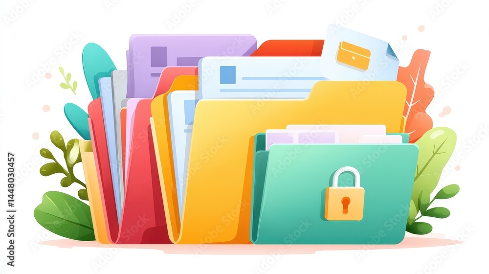 Poster colorful folders with documents, including a secured folder with a lock, representing organization a
