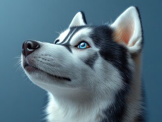 Majestic Siberian Husky with piercing blue eyes and black-white fur gazing upward on teal gradient backdrop.