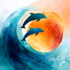 Image of A joyful depiction of dolphins leaping through colorful waves, evoking a sense of freedom and playful energy. printed on Printed Glass Basin Splashbacks
