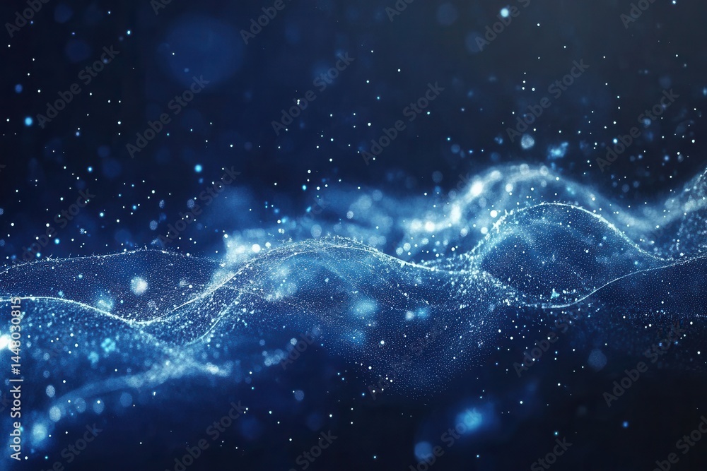 Poster abstract blue wave pattern with glowing particles creating a serene digital atmosphere