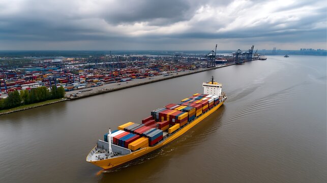 Container Ship Navigating River Toward Industrial Port Under Dramatic Cloudy Sky with Freight Terminals
