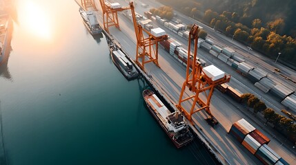Aerial View of Cargo Ships and Cranes at Container Port During Sunrise with Reflections on Water Surface