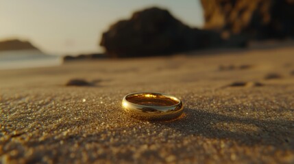 Low angle of wedding ring glowing at sand