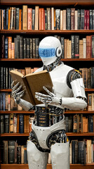 Robot reading book in library, knowledge, AI, future, education
