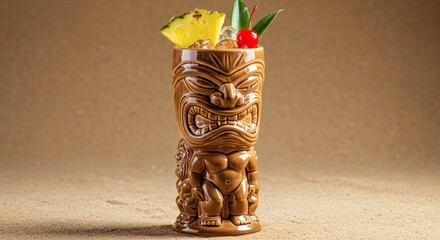 A detailed shot of a tropical tiki cocktail in a carved ceramic mug, garnished with fruits.
