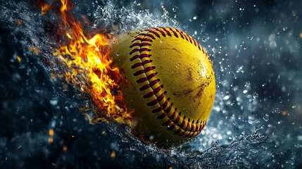 Fiery Softball Action Dramatic Water Splash Intense Competition Yellow Ball Burning Sport Energy Dynamic Motion Powerful Strike Game Play Background Design Graphic Abstract Fire   