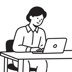 A vector person sits at a desk, typing on a laptop.