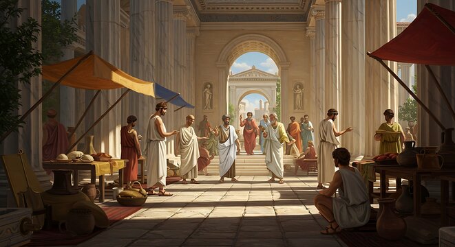An ancient Greek agora filled with columns, market stalls, and philosophers