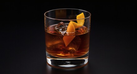 The perfect Old Fashioned cocktail is served, garnished with a fresh orange peel and ice.