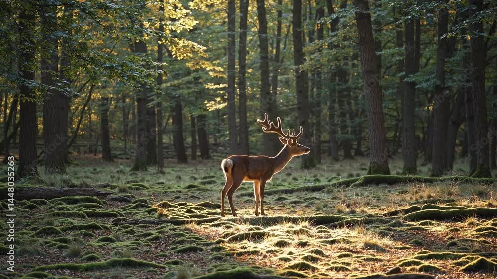 Poster a serene forest scene with a deer in profile, captured at eye level. sunlight filters through trees,
