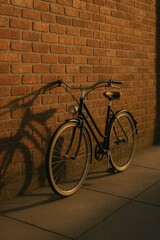 Vintage bicycle leaning against a brick wall in golden evening light, casting a soft shadow on the pavement.








