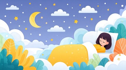 A girl peacefully sleeps in a dreamy, cloud-filled landscape under a starry sky with a crescent moon and colorful foliage.