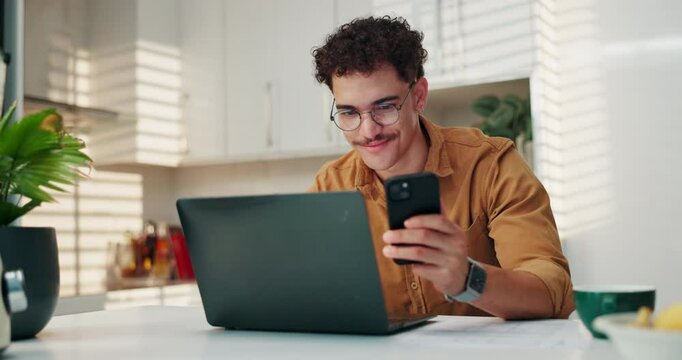 Phone, remote work and laptop with man in home office for account manager, client portfolio and research. Admin feedback, communication and networking with person in kitchen for planning and reading