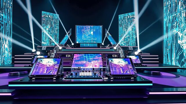Empty futuristic dj booth illuminated by vibrant neon lights, ready for an epic performance