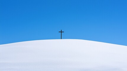Minimalist bright scene of a wooden cross standing alone on a white sand hill under a clear blue sky, large empty space above