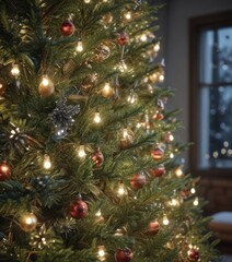 Fototapeta premium Close-up view of decorated Christmas tree, twinkling lights, winter scene , ornaments, xmas