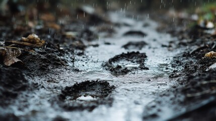Fototapeta premium Rainy day footprints in mud path, forest background; nature blog