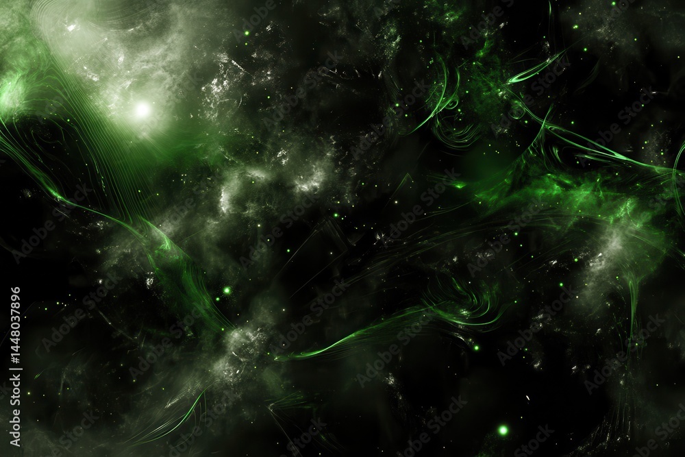 Poster abstract green cosmic background with swirling patterns and glowing particles in space