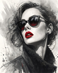 Watercolor painting of a woman with sunglasses and red lipstick in a stylish portrait art piece