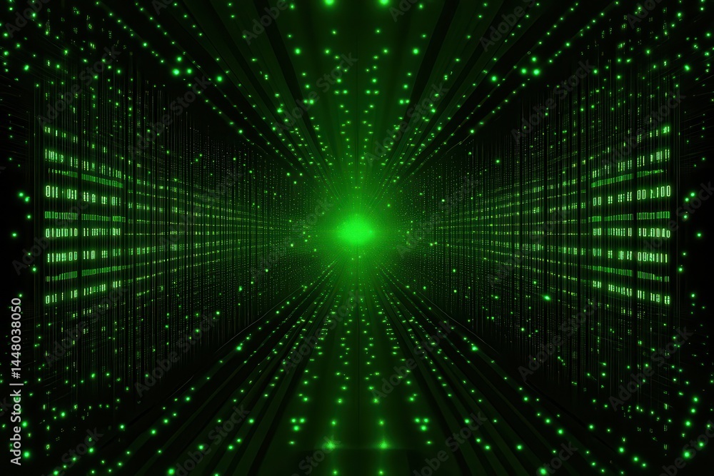 Poster abstract green digital tunnel with glowing lights and patterns, creating a futuristic ambiance