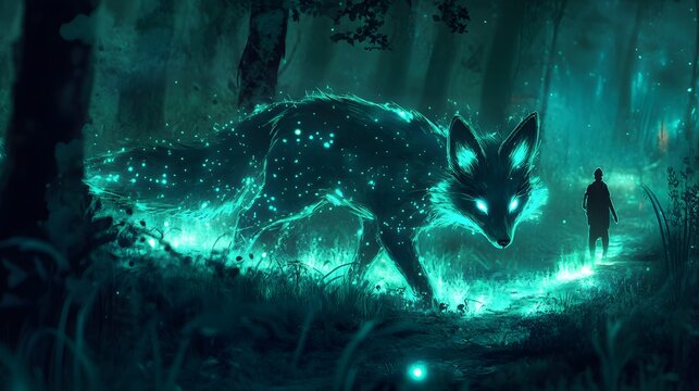 Enigmatic Forest Spirit: A luminous, ethereal fox, wreathed in an otherworldly glow, traverses a mysterious forest, drawing the gaze of a solitary figure.