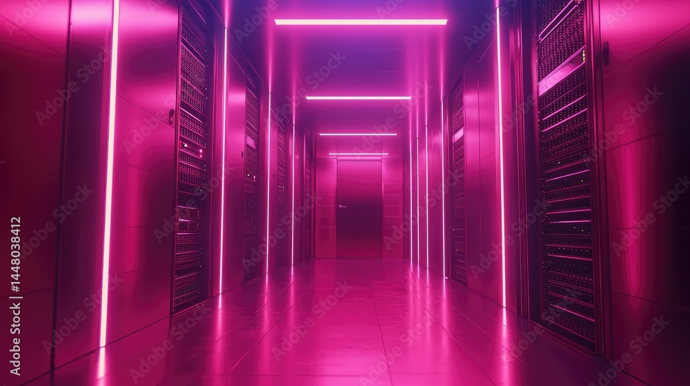 Poster sleek futuristic server room corridor illuminated with intense pink neon lighting. perfect for tech 