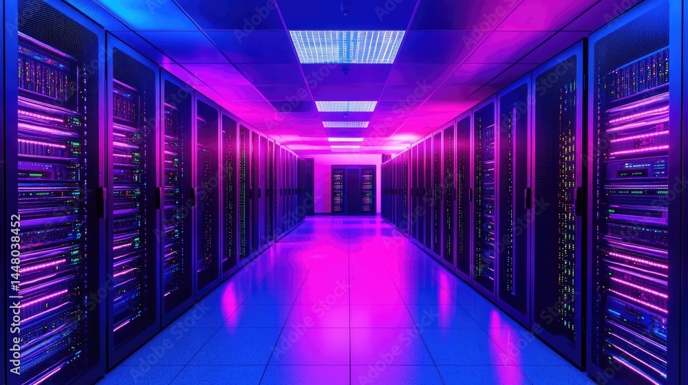 Poster Bright neon-lit server room with rows of high-performance racks in a futuristic setup. Great for cloud tech visuals, AI infrastructure, and digital solutions
