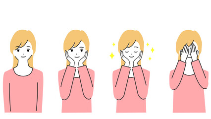 Illustration set of young woman looking satisfied with her hand on her face