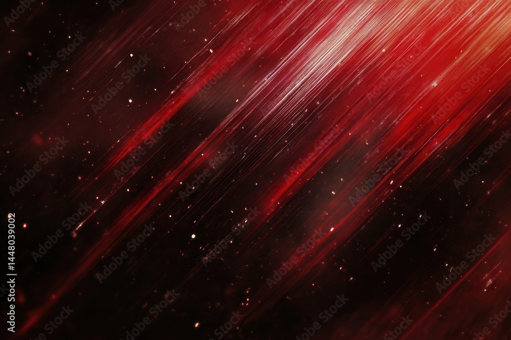 Poster abstract red and black background with dynamic light streaks and sparkling particles