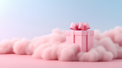 Gift box pink ribbon layer of fluffy clouds sky, copy space, advertisement. Getting presents, 3d