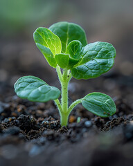 Close-up of a young mint sprout emerging from the soil