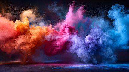 Vibrant multicolor powder explosion on dark background, colorful smoke clouds, abstract art