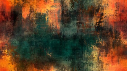 A vibrant abstract painting with layered textures and colors.