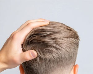 Naklejka premium A hand gently styling short, light-brown hair The hair is neatly cut and appears healthy