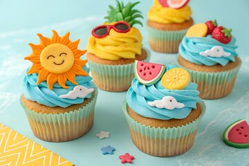 cupcakes decorated with summer themed icing