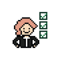 Fototapeta premium Cartoon cute pixel cartoon 8bit character business woman list feedback work check list decoration business 8 bit female career to do check list character office work game png vector.