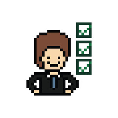 Obraz premium Cartoon cute pixel cartoon 8bit character business man smart work check list feedback decoration business 8 bit male to do businessman office work game check list png vector.