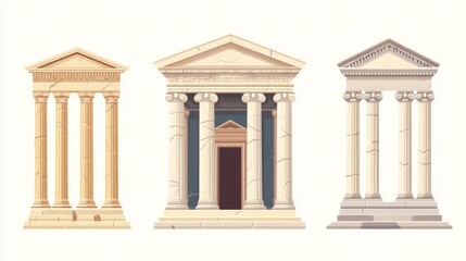 Three classical temple illustrations with different architectural styles and color palettes, isolated on white background.