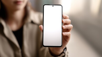 Close-up of a person holding a smartphone with a blank screen.