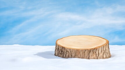 A smooth, round tree stump sits atop pristine white snow against a bright blue sky