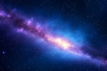 A vibrant nebula stretches across a dark, star-studded expanse of space, showcasing a spectrum of purple, blue, and yellow hues