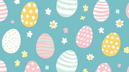 Pastel Easter eggs and flowers seamless pattern.